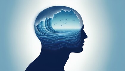 Mind as a Calm Ocean- A head silhouette filled with a calm, serene ocean scene, representing inner peace and tranquility. This can be used for meditation, mindfulness apps, or stress relief products