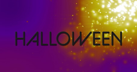 Image of shooting star over neon halloween text banner against light spots on purple background