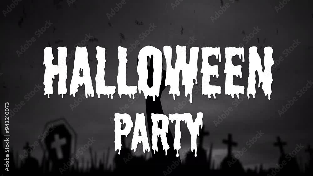 Wall mural Halloween Party text animation over spooky graveyard with tombstones and bats