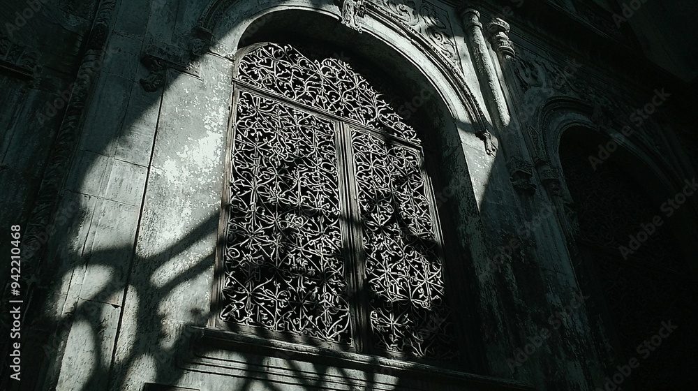 Poster a shadow cast on the side of a building with a window and clock on the building's side