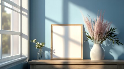 A thin A4 sized frame mockup leans against a bedroom wall, illuminated by sunlight streaming through the windows. The frame is positioned on a drawer beside a vase filled with flowers.