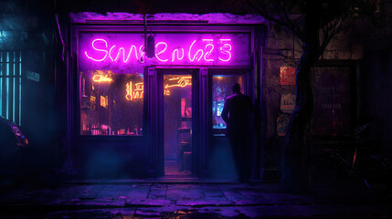 A dimly lit street scene at night features a storefront with a glowing neon sign in purple and pink hues. The sign above the door reads "Save 625." The pavement in front of the store is wet, likely fr
