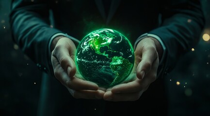 A person holding a glowing green globe in their hands