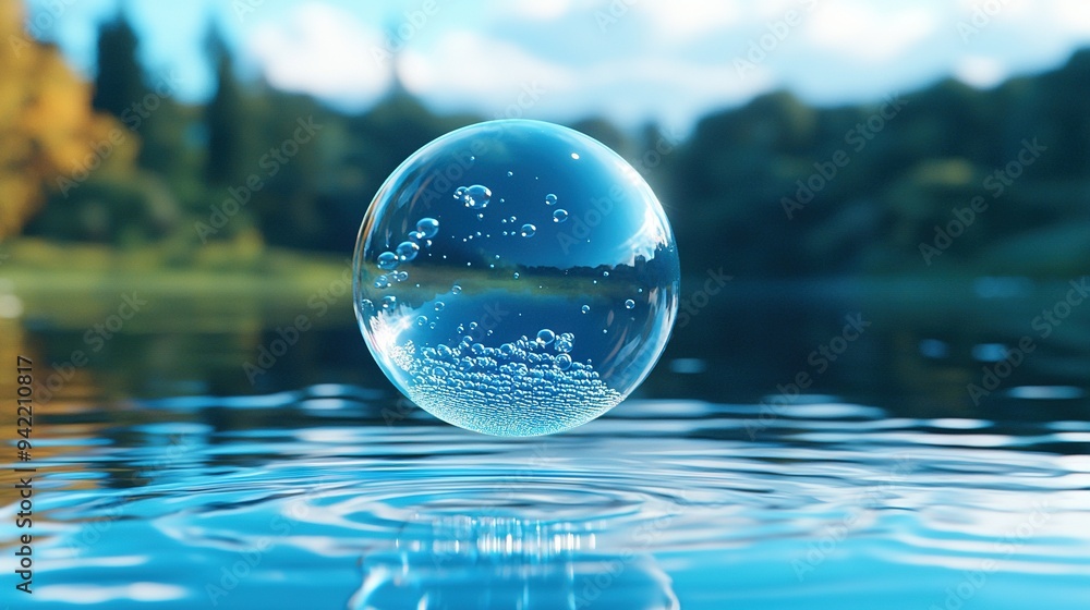 Poster a close-up of a bubble floating on water, surrounded by trees in the background and a blue sky above