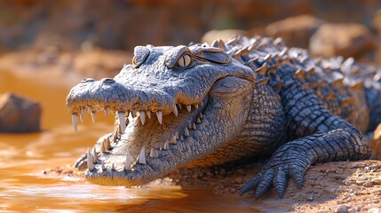 Obraz premium A detailed depiction of a crocodile resting by the water's edge.