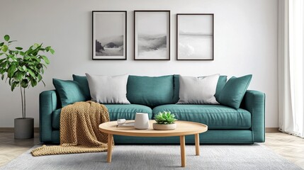 A cozy living room featuring a teal sofa adorned with plush cushions. A coffee table holds plants and accessories. This scene embodies modern comfort and style. Perfect for home decor inspiration. AI