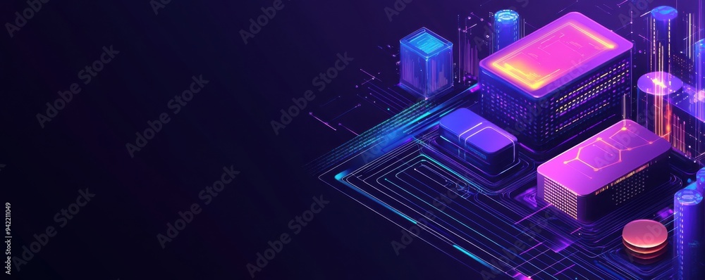 Poster isometric illustration of a vibrant ai data system with luminous circuitry and futuristic design