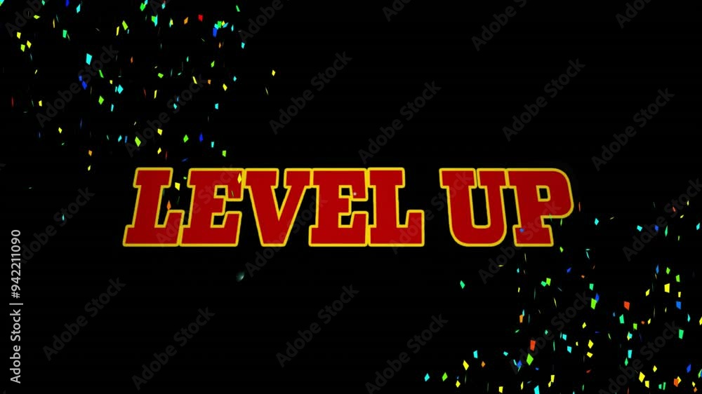 Poster level up text animation over colorful confetti on black background