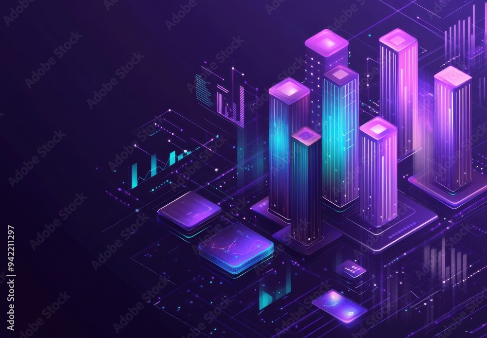 Poster isometric illustration of data visualization with neon skyscrapers representing digital information 