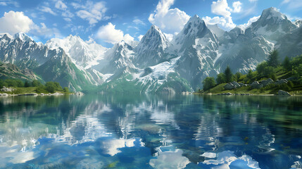 A Crystal-Clear Mountain Lake Surrounded by Towering Snow-Capped Peaks, Reflecting the Pristine Blue Sky and Lush Greenery in a Serene and Majestic Alpine Landscape
