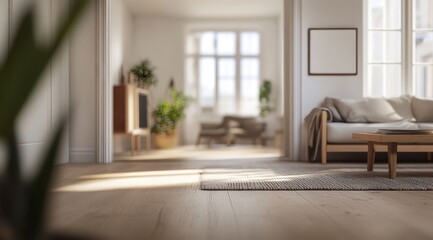 Fototapeta premium A cozy Scandinavian interior design featuring an abundance of soft textures, inviting natural wood materials, and countless beams of sunlight creating a warm and welcoming atmosphere in your home