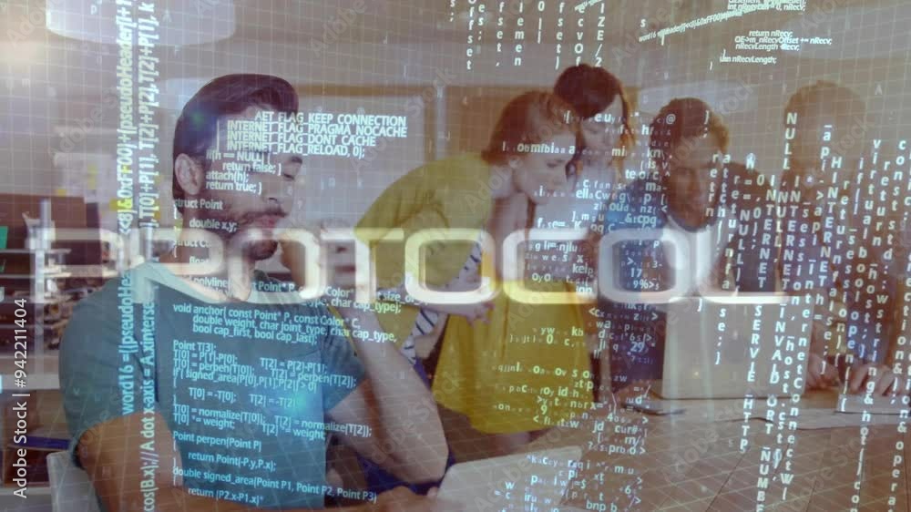 Poster text animation of protocol over diverse team collaborating in office