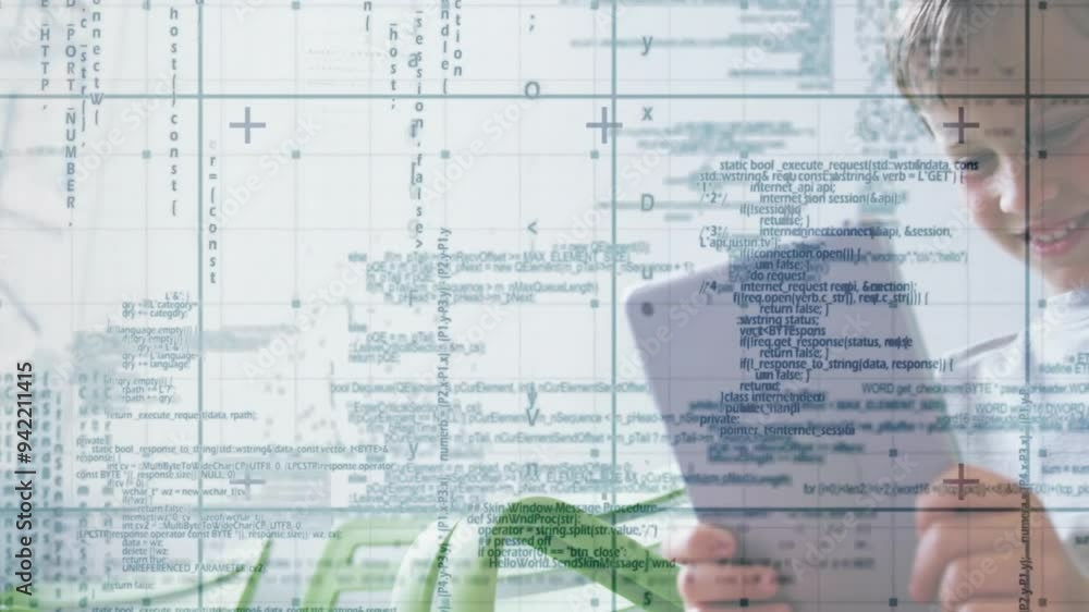 Poster holding tablet, person with glasses over data processing and coding animation