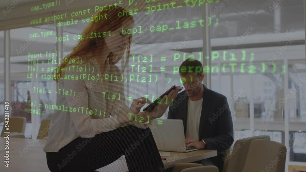 Poster programming code animation over business people working in modern office