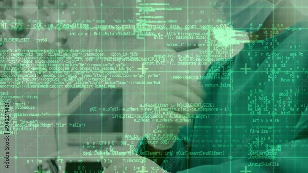 Poster computer code and data processing animation over medical professional in lab