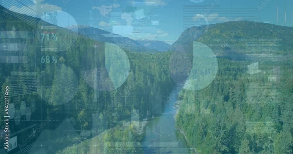 Poster data analytics and graphs animation over lush green forest and winding river