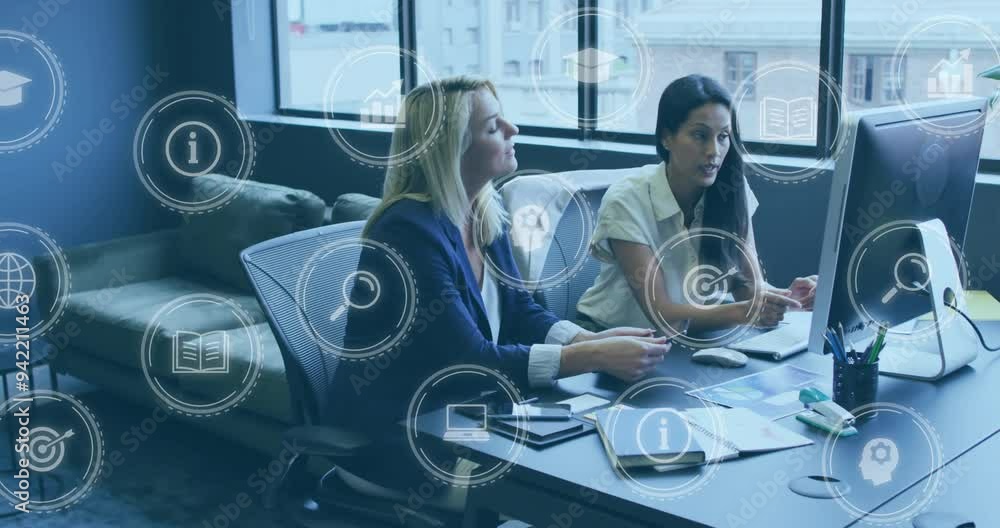 Sticker Businesswomen working on computer, surrounded by digital information icons animation