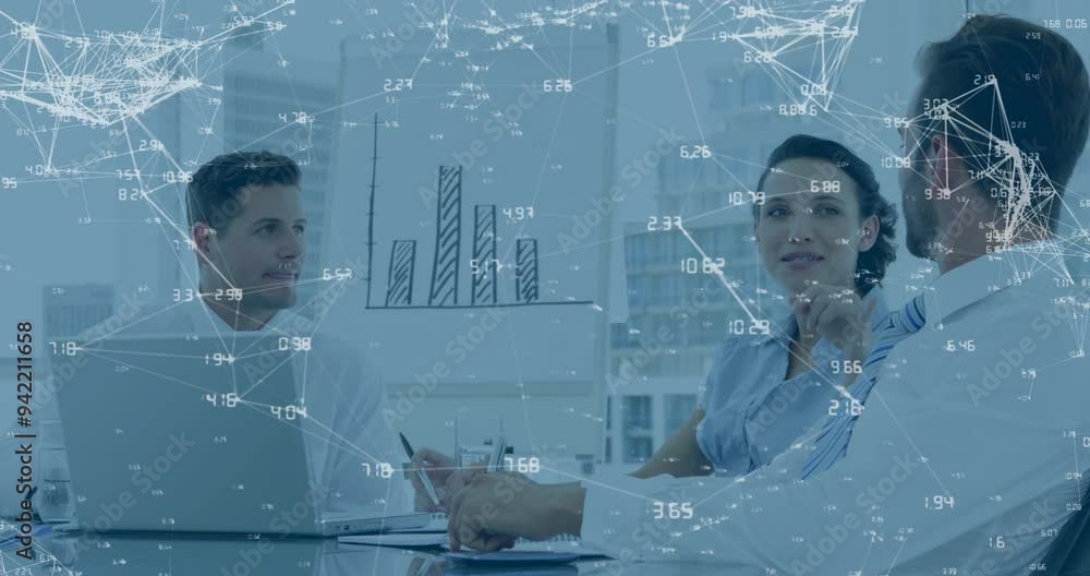 Poster network of connections and data processing animation over business meeting in office