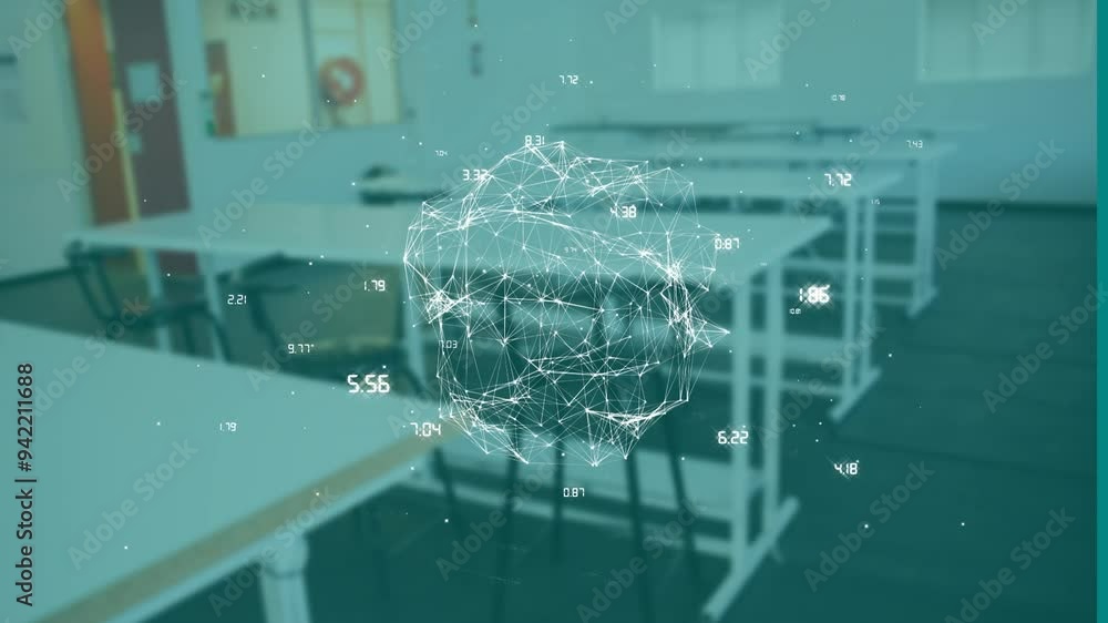 Sticker Network of connections and data points animation over empty classroom