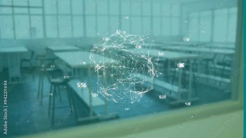 Poster network of connections and data points animation over empty classroom