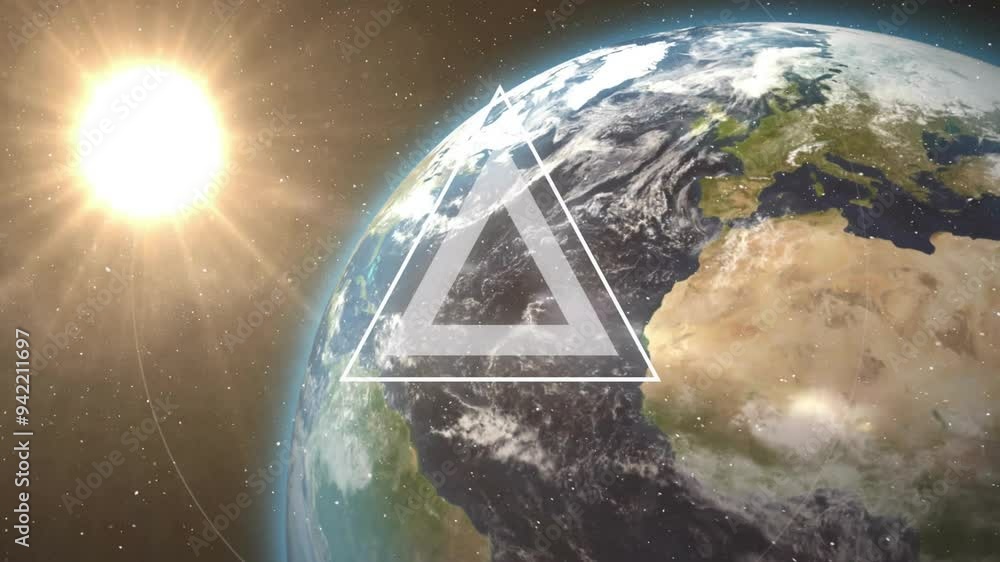 Poster triangle symbol and circular frame animation over earth from space