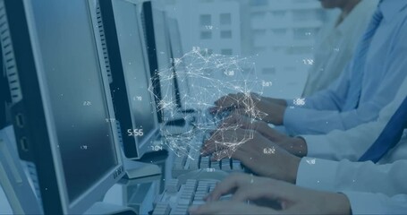 Typing on keyboards, people in office with network connections animation over them