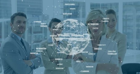 Global network and business keywords animation over diverse business team in office - Powered by Adobe