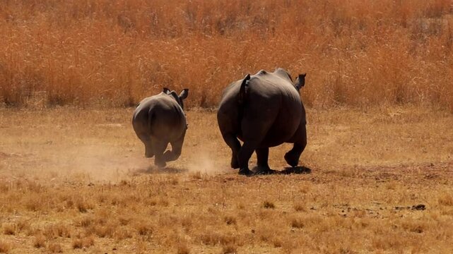 White Rhino Cow and Calf run over dry African plain in slomo kicking up dust