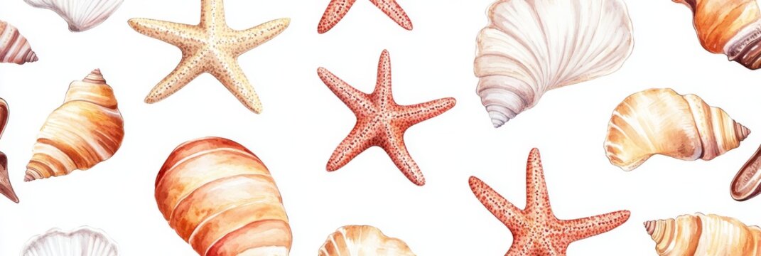This vibrant watercolor illustration showcases seashells and starfish, perfect for beachthemed decor and projects, enhancing the aesthetics of any home or office with delightful charm