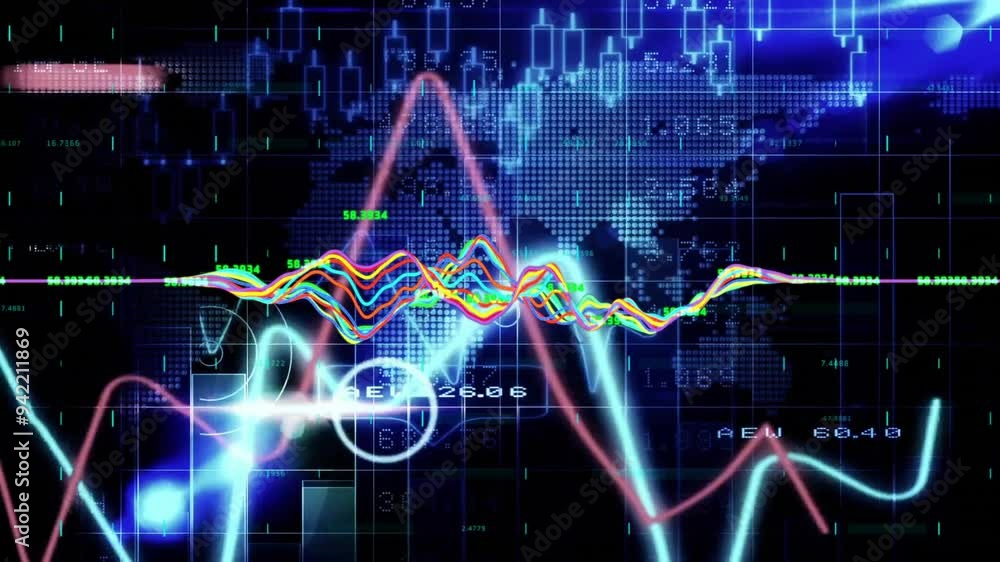 Poster colorful financial data graph animation over digital world map and binary coding