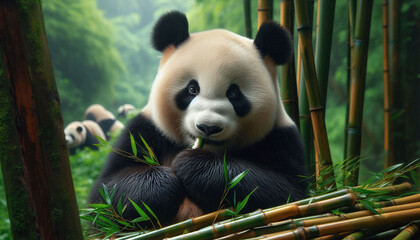 Obraz premium Close-Up a Cute Panda Cub Eating Bamboo in Lush Green Forest Illustration. Generative AI.