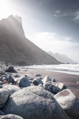 Ocean coastline with rocky cliffs and rocks foreground, Anaga, Tenerife