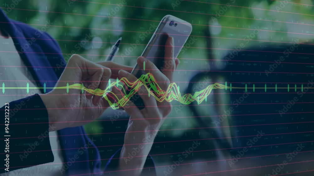 Poster analyzing financial data animation over person using smartphone and pen