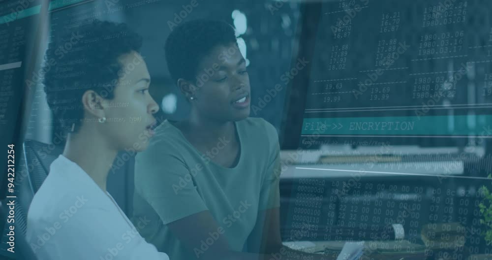 Poster encryption and data processing animation over two women working on computer