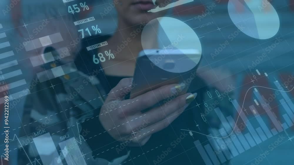 Poster holding smartphone, person with data analytics animation over graphs and charts