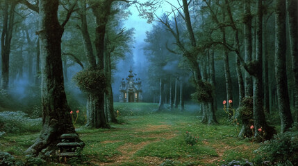 Small fantasy building surrounded by fog in an enchanted forest