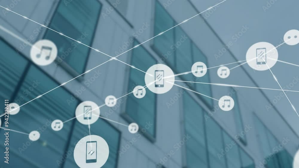 Aufkleber music notes and smartphone icons connected by lines, network animation over building
