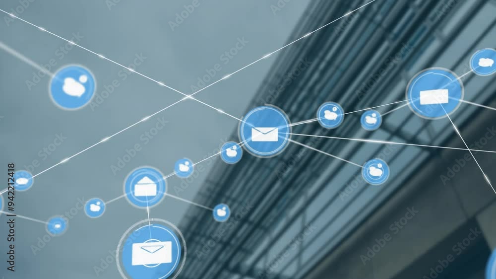 Poster network of interconnected icons and data processing animation over modern building