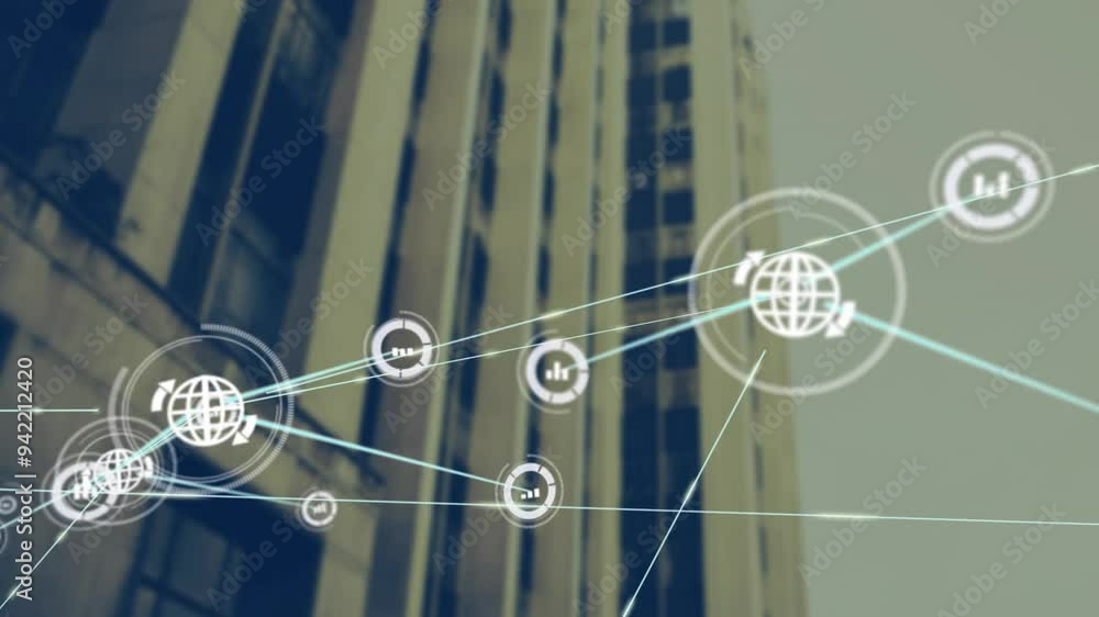 Poster network of connections and data processing animation over tall building