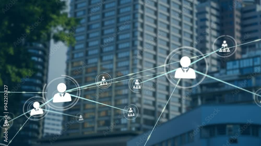 Poster network of connections and data processing animation over urban cityscape