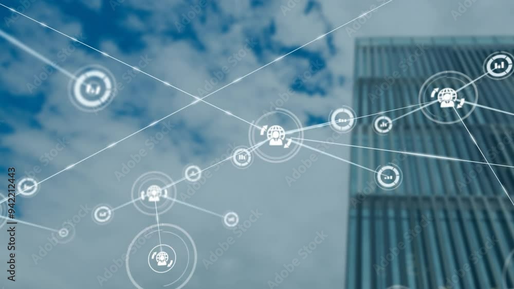 Poster network of connections and data processing animation over skyscraper and cloudy sky