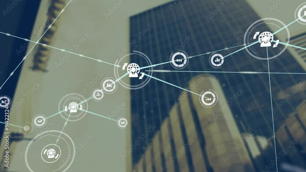 Poster network connections and data processing animation over modern office building