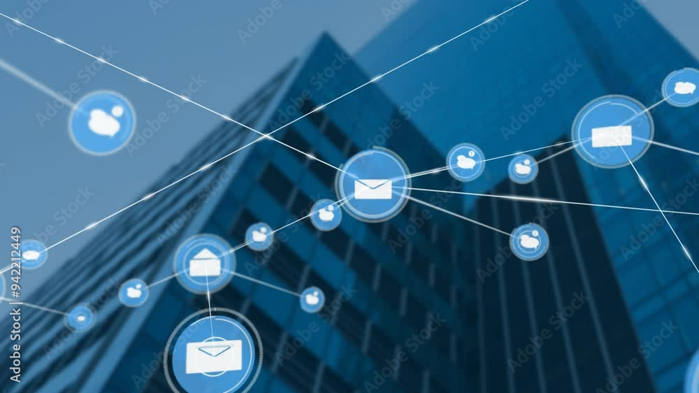 Poster network of connections and data processing animation over office building background