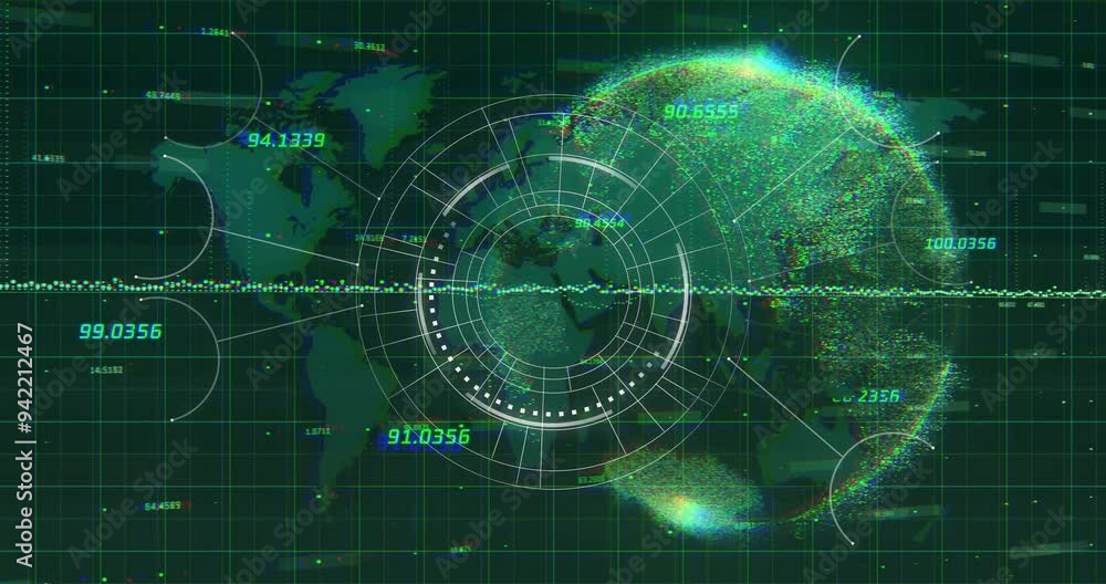 Poster digital world map and data visualization animation over green grid background