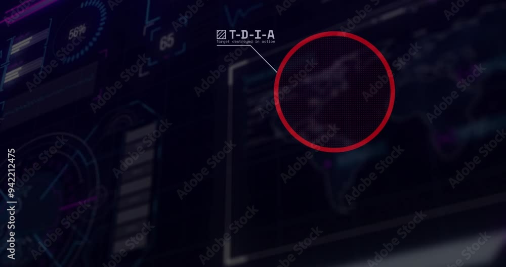 Poster target detection highlighting text animation over digital interface with red circle