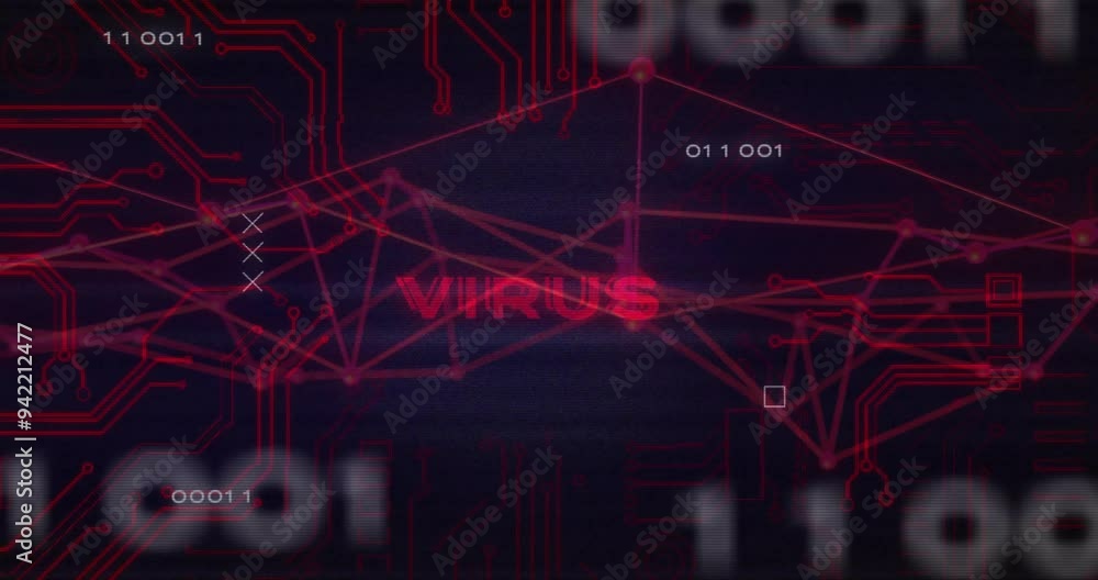 Poster Virus text and digital circuit lines animation over dark background with binary code