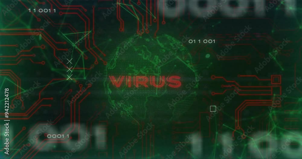 Poster virus text and digital circuit animation over green globe and binary code