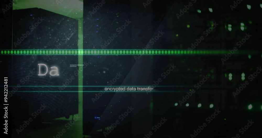 Poster transferring encrypted data, animation over server room background