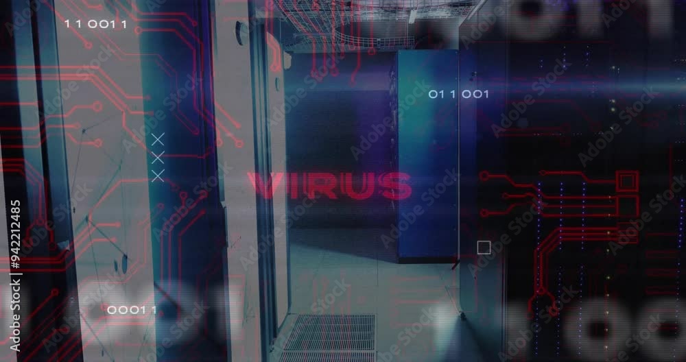Poster virus alert animation over server room with circuit board patterns
