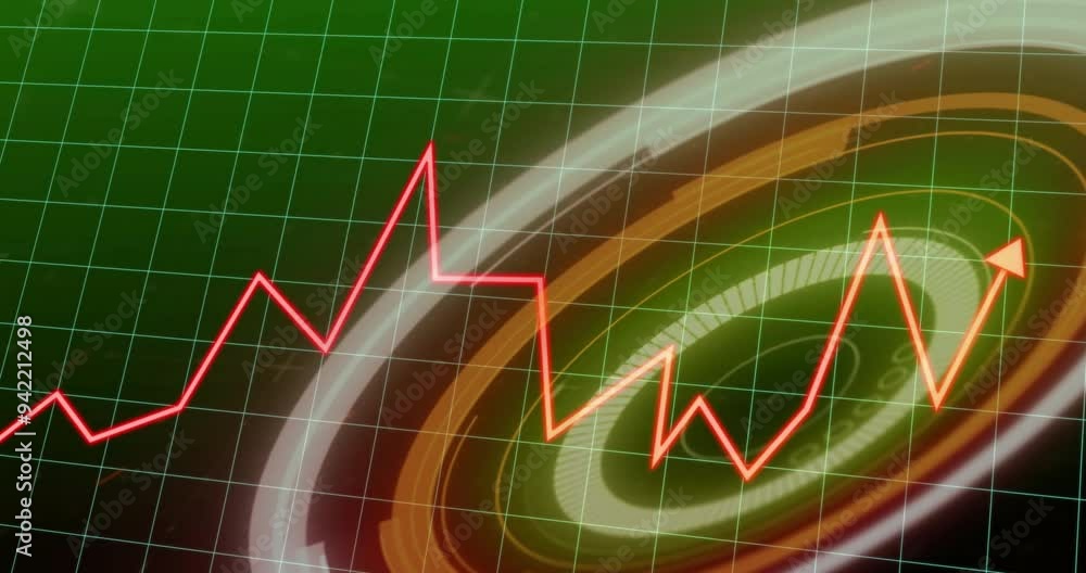 Poster Red fluctuating line graph over digital currency symbol with green grid background